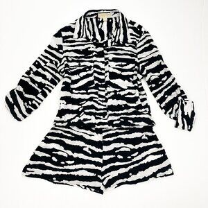 Michael Kors Animal Print Zebra White Black Roll Tab Sleeve Short Romper Women L